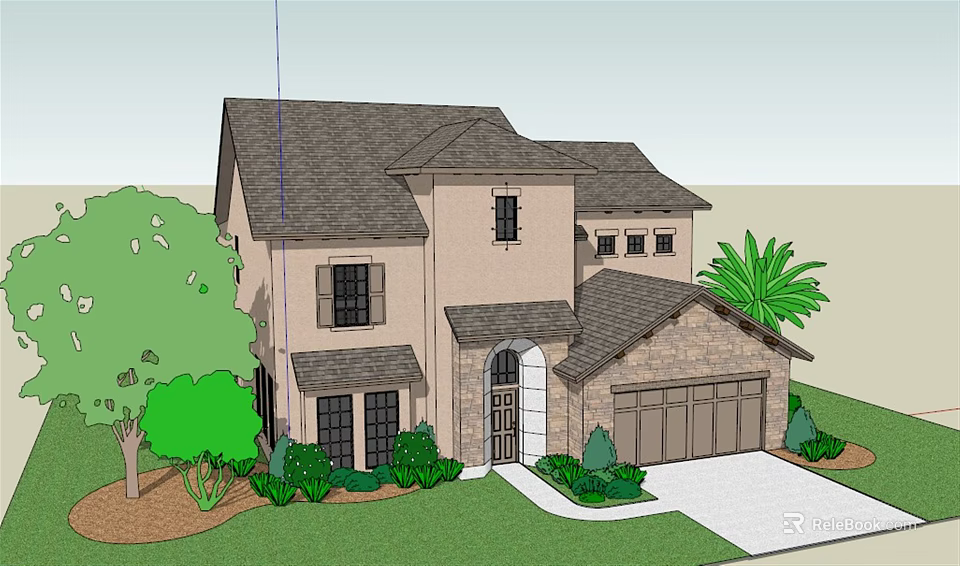 Two Story Detached Villa With Gray Roof Stone Exterior Garage And Palm Tree 3d model 
