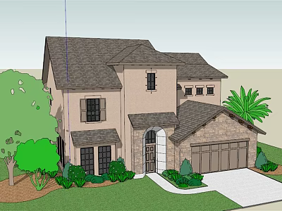 Two Story Detached Villa With Gray Roof Stone Exterior Garage And Palm Tree 3d model