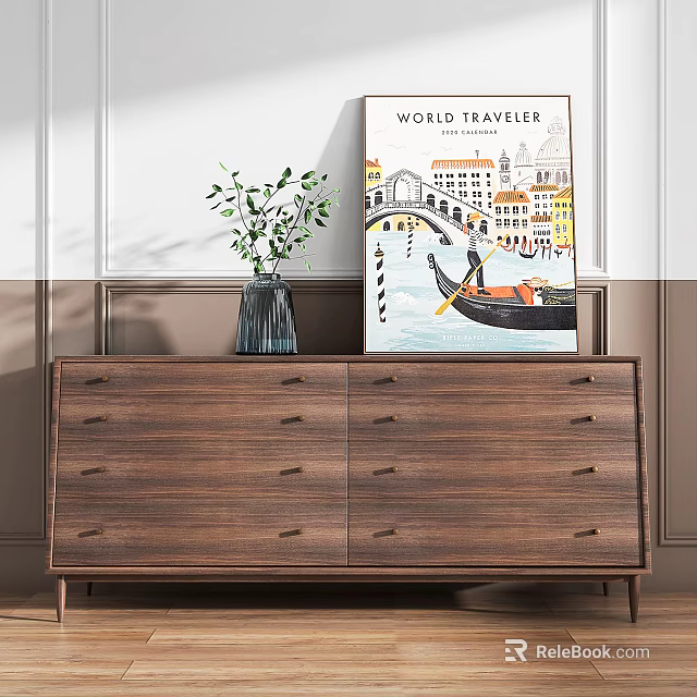 Modern Walnut Wood Entryway Side Cabinet with Green Plant Vase and Artwork Painting Drawers Design 3d model 