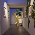 Elevator Hallway Interior Design With Framed Paintings Green Plant Decoration And Branch Shaped Chandelier