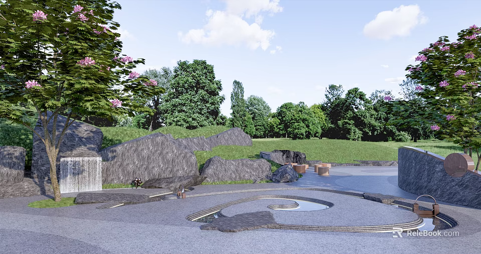 Serene Garden Landscape Design With Rock Formations Waterfall And Lush Greenery Blooming Flowers Stone Paths 3d model 