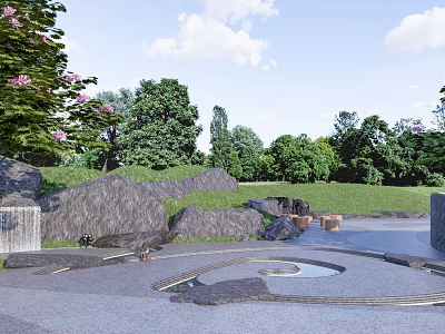 Serene Garden Landscape Design With Rock Formations Waterfall And Lush Greenery Blooming Flowers Stone Paths 3d model