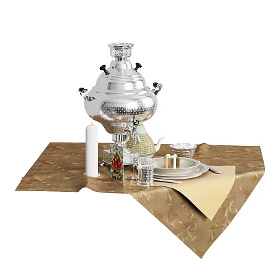 Elegant Tableware Set With Silver Samovar Plates Cups And Linen Napkins 3d model