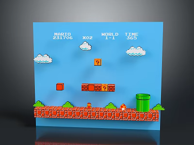 Mario Themed Commercial Decorative Device With 3D Brick Platforms Green Pipe And Clouds 3d model
