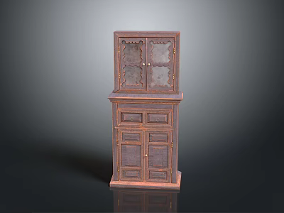 Vintage Wooden Cabinet With Carved Details Upper Glass Doors And Lower Wooden Doors 3d model