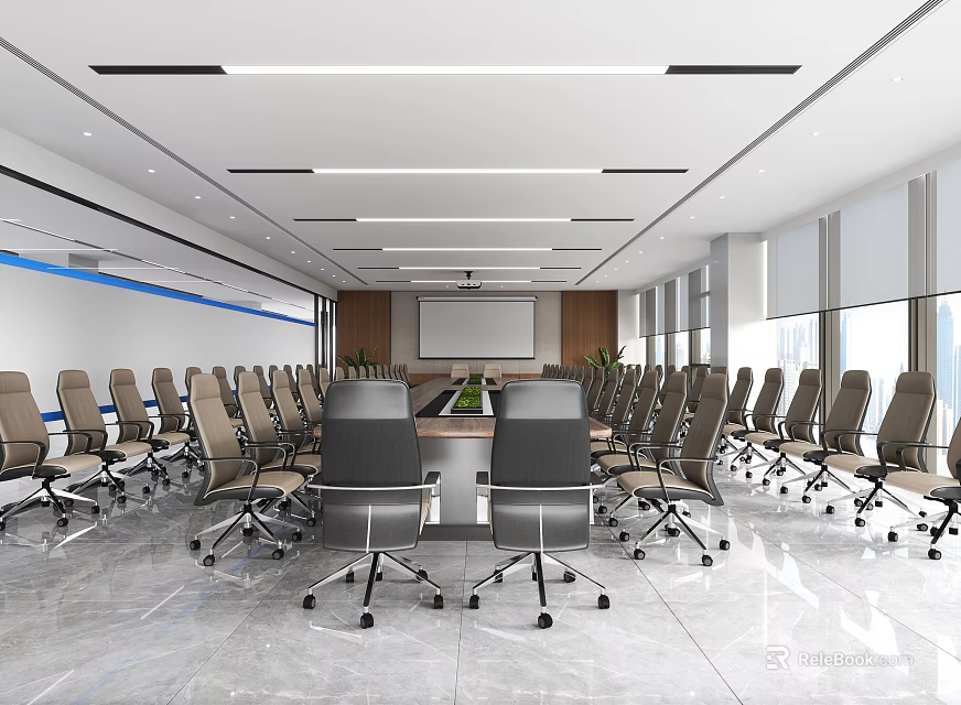 Modern Spacious Conference Room Interior With Long Table And Ergonomic Chairs 3d model