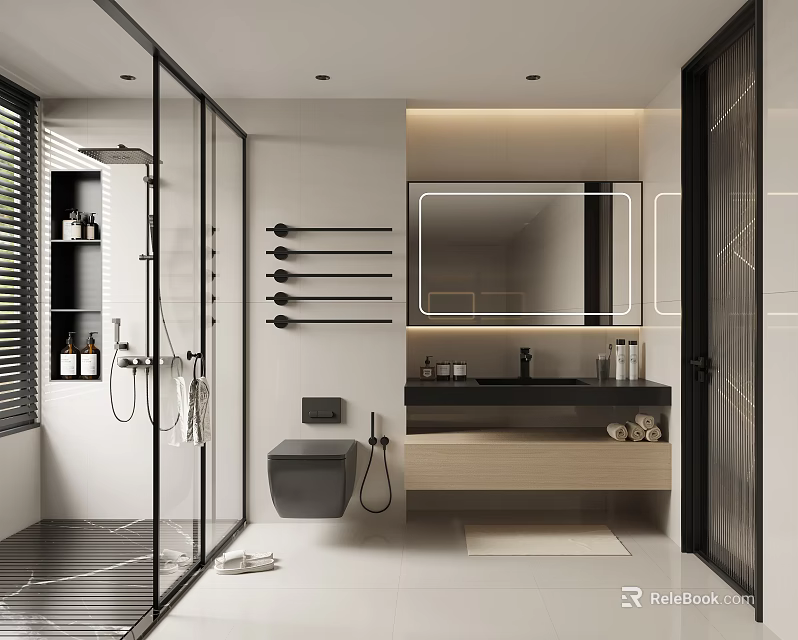 Modern Bathroom Interior With Glass Shower Toilet Vanity Large Mirror And Towel Racks 3d model 