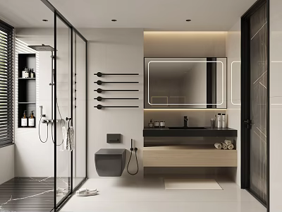 Modern Bathroom Interior With Glass Shower Toilet Vanity Large Mirror And Towel Racks 3d model