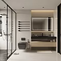 Modern Bathroom Interior With Glass Shower Toilet Vanity Large Mirror And Towel Racks