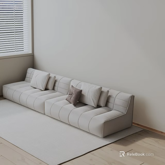 Modern Light Gray Three-Seater Sofa with Stitched Design Soft Cushions and Neutral Wall Window Blinds 3d model 