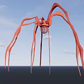 Red Sculpture With Long Curved Legs And Mesh Sphere Against Blue Sky