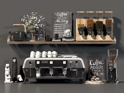 Modern Kitchen Appliances Coffee Machine Grinder With Beans Cups Chalkboard Sign And Bouquet 3d model