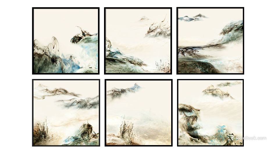 Chinese Landscape Ink Wall Paintings Set of Six Framed Artwork for Home Decor 3d model 