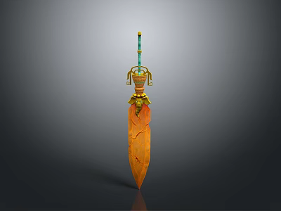 Ornate Fantasy Sword With Orange Blade Golden Decorations And Green Hilt 3d model
