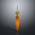 Ornate Fantasy Sword With Orange Blade Golden Decorations And Green Hilt
