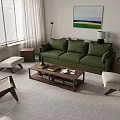 Cozy Modern Living Room Green Sofa And Wooden Coffee Table Set With Accent Chairs