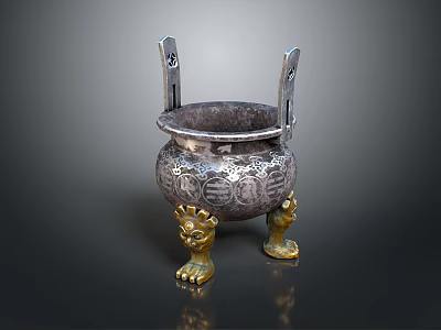 Ancient Metal Tripod Cauldron With Golden Animal Shaped Legs Carved Patterns And Two Side Handles 3d model