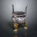 Ancient Metal Tripod Cauldron With Golden Animal Shaped Legs Carved Patterns And Two Side Handles
