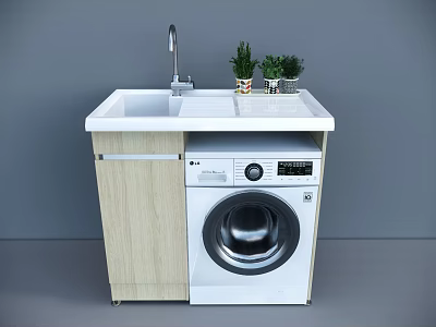 Modern Bathroom Cabinet Rack With White Countertop Faucet Small Potted Plants And Washing Machine 3d model