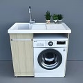 Modern Bathroom Cabinet Rack With White Countertop Faucet Small Potted Plants And Washing Machine