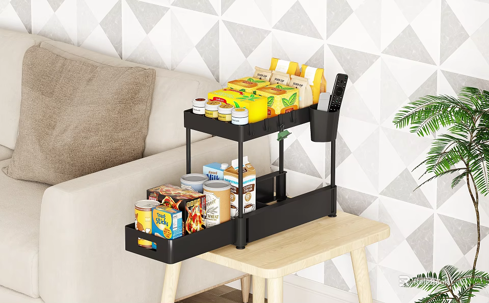 Black Two Tiered Storage Shelf for Organizing Snacks Cans and Food Items in Living Room 3d model 