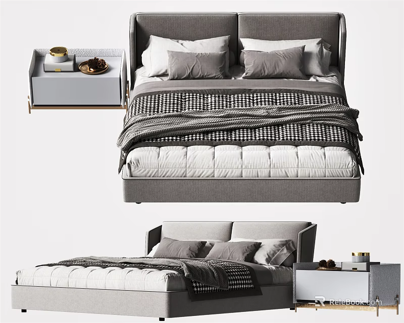 Modern Double Bed With Grey Headboard Pillows Bedspread And Bedside Table 3d model 