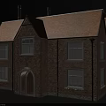 Brick Detached House With Yellow Roof Arched Door White Windows Chimneys And Ivy On Walls