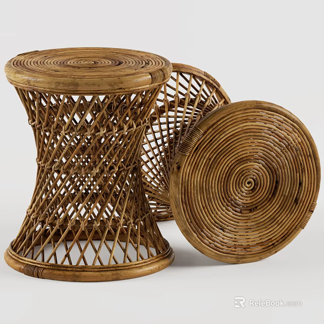 Natural Rattan Round Woven Stools With Handmade Design For Home Decor 3d model 