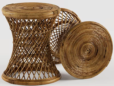Natural Rattan Round Woven Stools With Handmade Design For Home Decor 3d model