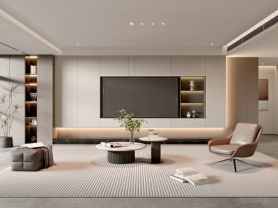 Modern Living Room Interior Design With TV Wall Sofa Coffee Table And Plants 3d model