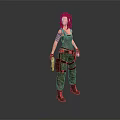 Red Haired Female Character Holding Knife in Gray Tank Top Camouflage Pants with Arm Bandage