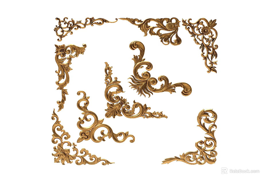 Ornate Golden Carvings Featuring Various Decorative Elements with Intricate Designs 3d model 