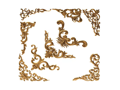 Ornate Golden Carvings Featuring Various Decorative Elements with Intricate Designs 3d model