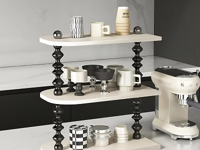 Decorative Ornament Set With Mugs Bowls Jars On Two Tiered Shelf Featuring Black Spiral Stands 3d model