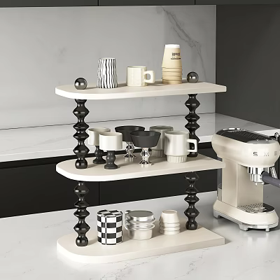 Decorative Ornament Set With Mugs Bowls Jars On Two Tiered Shelf Featuring Black Spiral Stands 3d model
