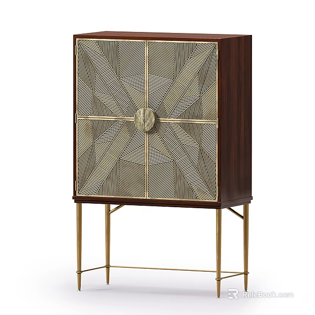 Modern Luxury Entryway Cabinet Sideboard With Dark Wood Gold Metal And Geometric Pattern Design 3d model 