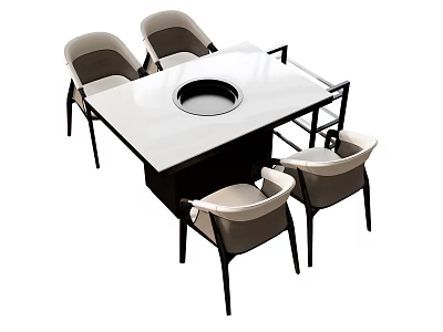 Modern Gray Dining Chairs with Black Legs Around Square Table with Circular Center Groove 3d model
