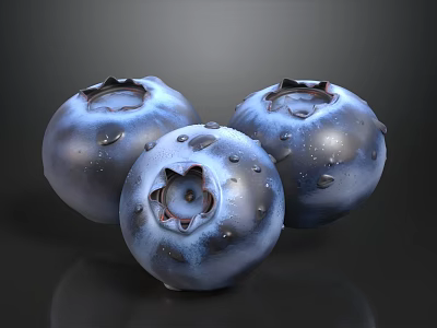 Fresh Blueberries With Water Droplets On Dark Glossy Surface Background 3d model