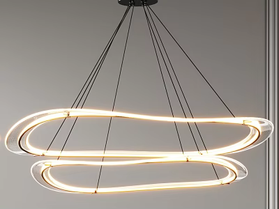 Sleek Modern Chandelier with Double Circular Illuminated Rings and Black Hanging Cables 3d model