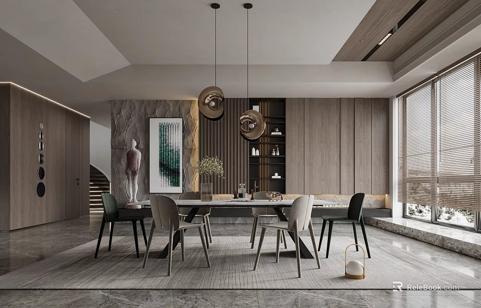 Modern Restaurant Interior With Dining Table Chairs Pendant Lights Marble Floor And Large Windows 3d model