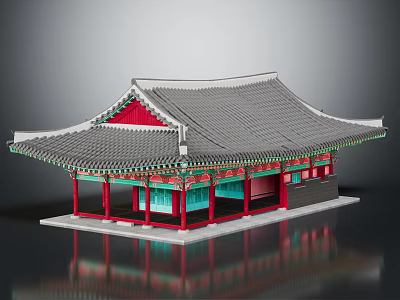 Ancient Architectural Structure With Curved Gray Tile Roof Red Columns Green Decorations 3d model