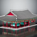 Ancient Architectural Structure With Curved Gray Tile Roof Red Columns Green Decorations