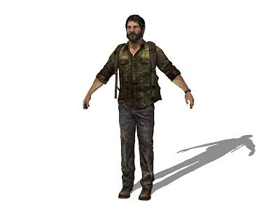 Bearded Male Game Character In Green Shirt Camouflage Vest Dark Pants White Background Shadow 3d model