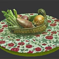Fresh Vegetables in Wicker Basket on Pink Floral Tablecloth with Beets Sweet Potatoes Onions and Celery