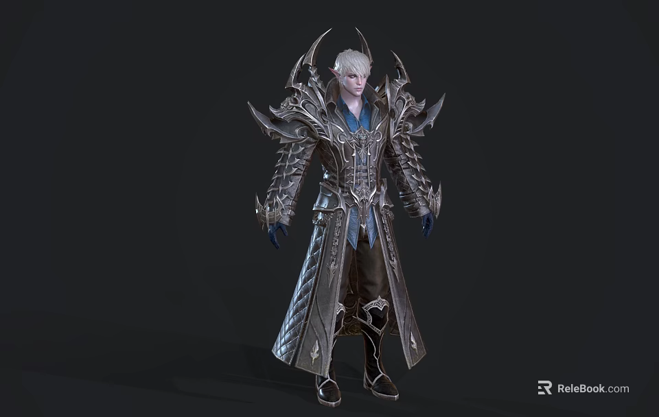 Silver Haired Game Character In Spiked Metallic Armor With Long Coat And Blue Inner Shirt 3d model 