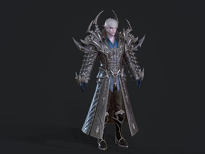 Silver Haired Game Character In Spiked Metallic Armor With Long Coat And Blue Inner Shirt 3d model
