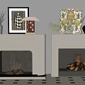 Beige Household Fireplace Appliances With Flames Table Lamps Vases And Decorative Paintings