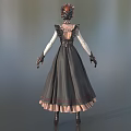 Game Fantasy Character In Gray Dress With Pink Trim Bonnet Lace Gloves And Black Boots