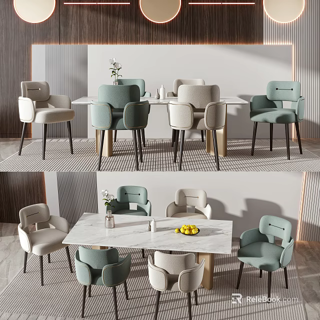 Modern Dining Table Set With Marble Tabletop Light Green Beige Chairs And Decorative Items 3d model