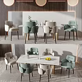 Modern Dining Table Set With Marble Tabletop Light Green Beige Chairs And Decorative Items 3d model